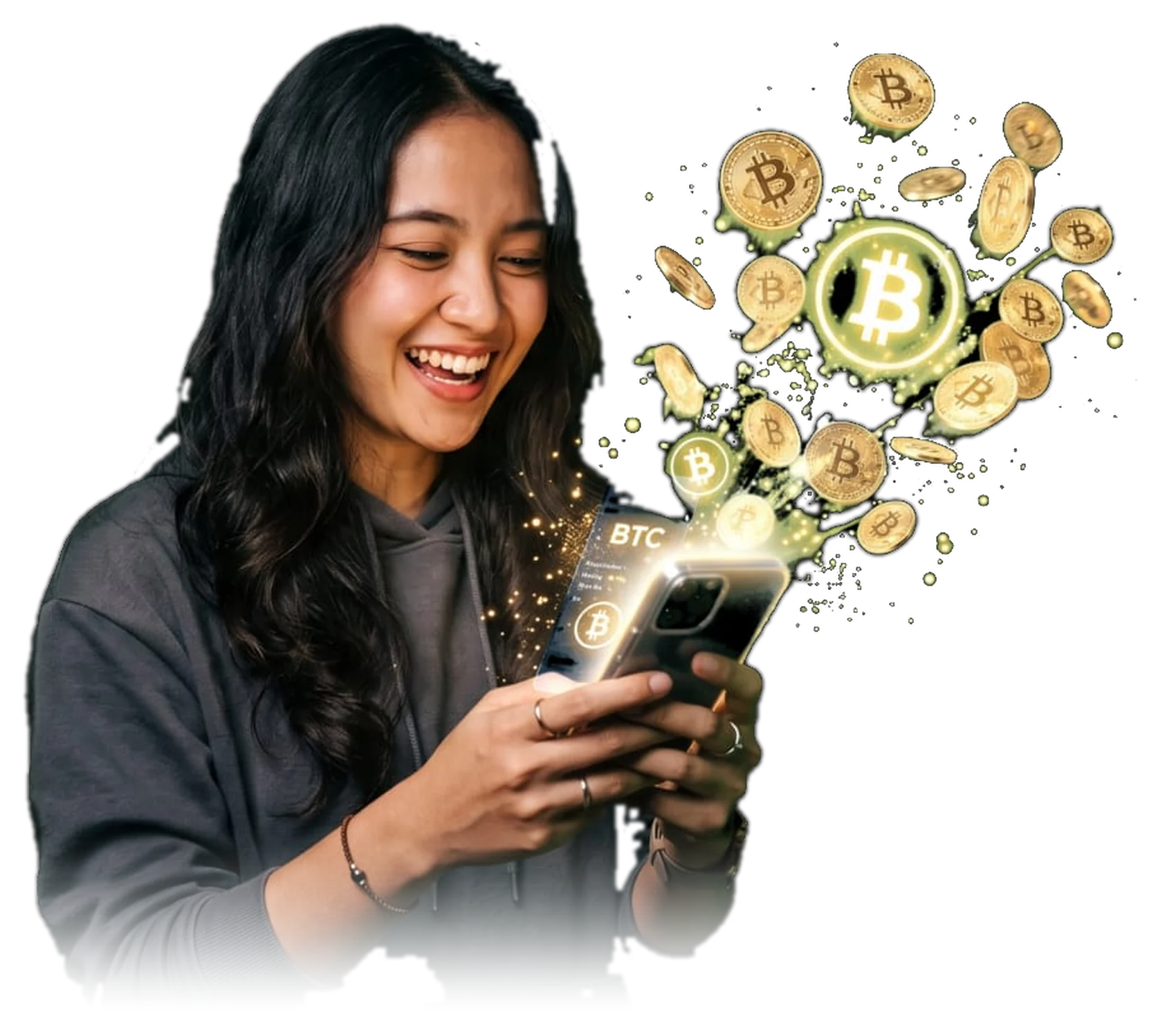 Anggota komunitas tersenyum melihat portofolio crypto di ponsel dengan koin Bitcoin beterbangan